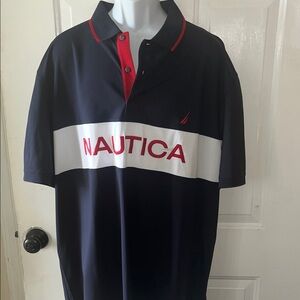Nautica Men's Navy Polo with White Chest Stripe and Red Accents
